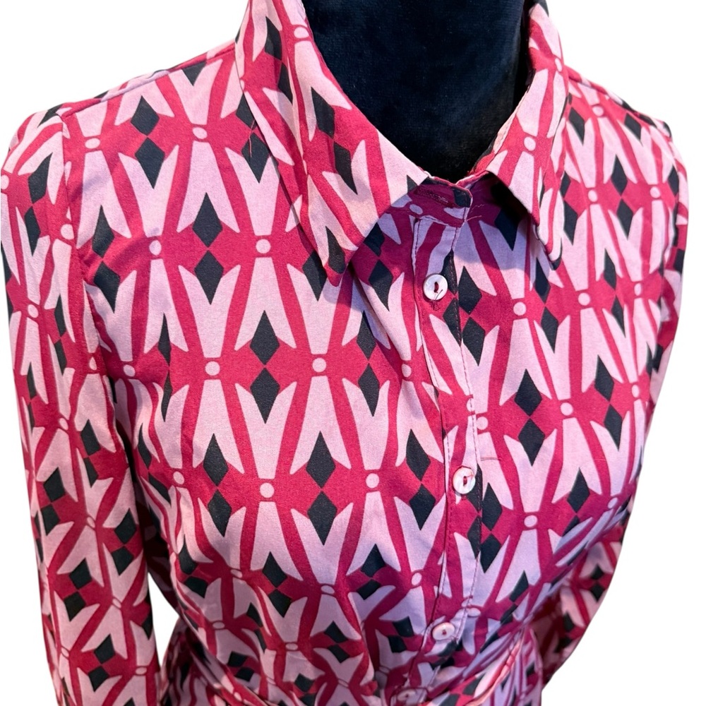 Pink Red Black Graphic Geometric Belted Midi Dress Shirt dress Size Large - Picture 4 of 6